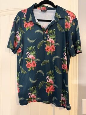 Men's Teal Tropical Flamingo Polo Shirt